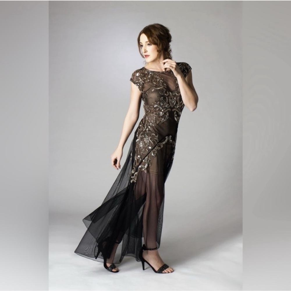 Miss Selfridge Black and Gold Embellished Asymmetrical Dress